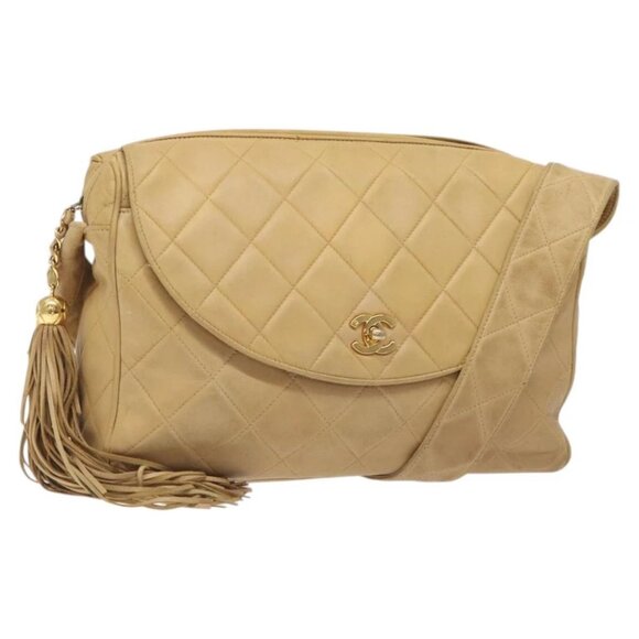 CHANEL Matelasse Shoulder Bag Lamb Skin Beige Gold CC - Picture 1 of 15